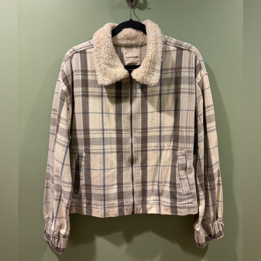 Lucky Brand NWT Cream and Brown Plaid SHERPA collar full zip Jacket